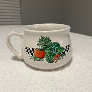 White Ceramic Mug with Vegetable/checkers Design